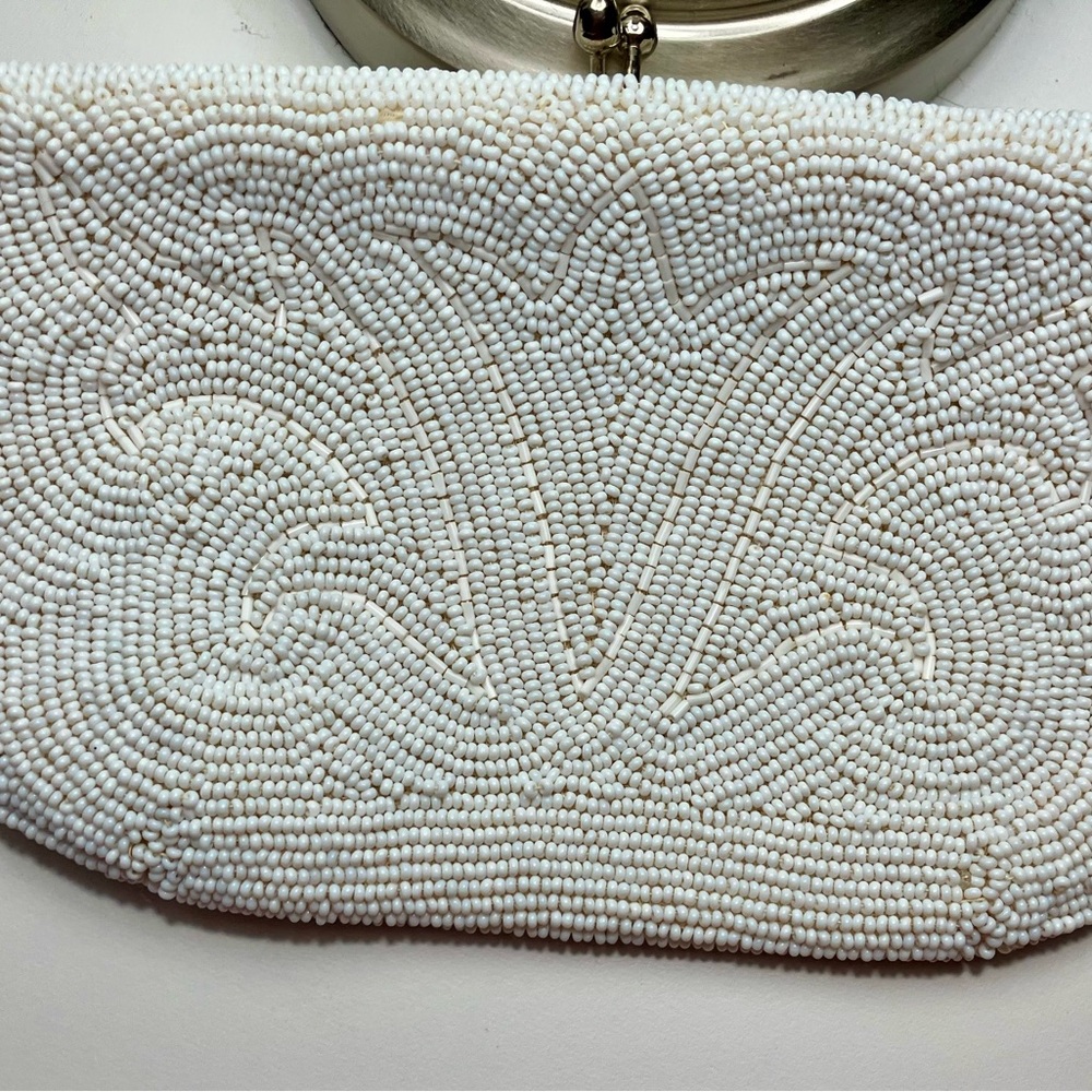 Antique Japanese handmade White Beaded Clutch by Debbie. 
Leaf Floral motif.